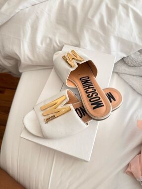 Moschino White Slide Mules with Gold M Logo